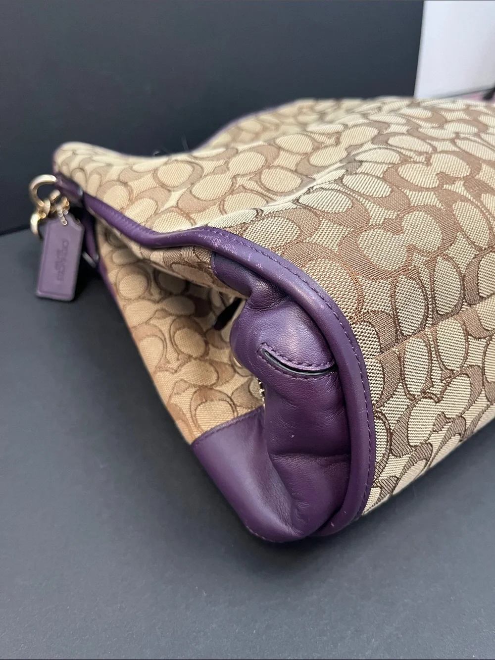 Coach Brown Signature Jacquard Shoulder Bag with Purple Trim. 3 compartments.GUC